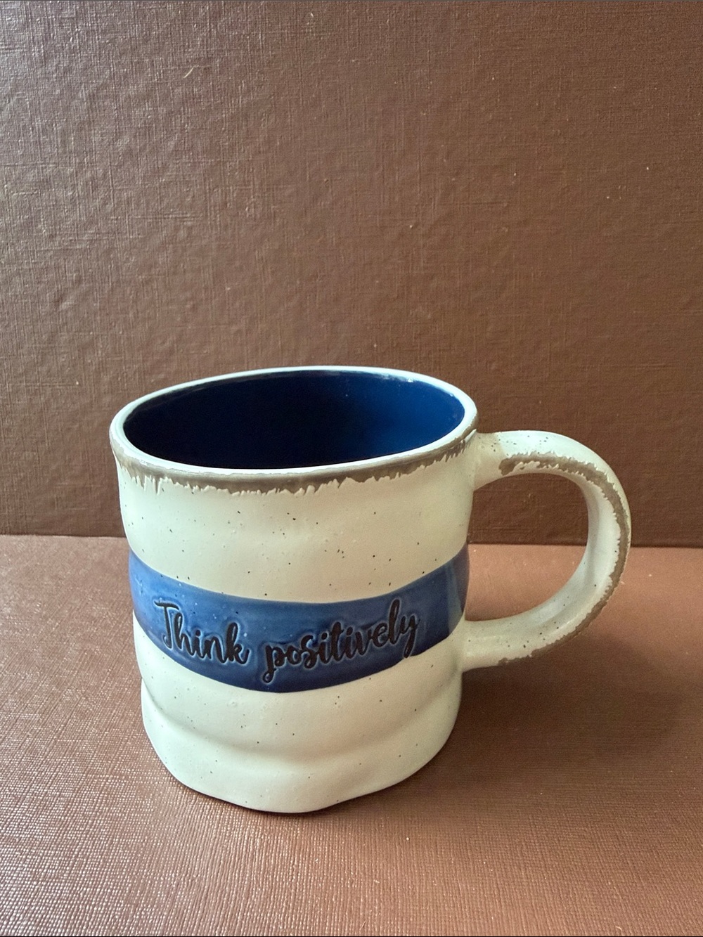 Think Positively Ceramic Mug  Blue and Cream